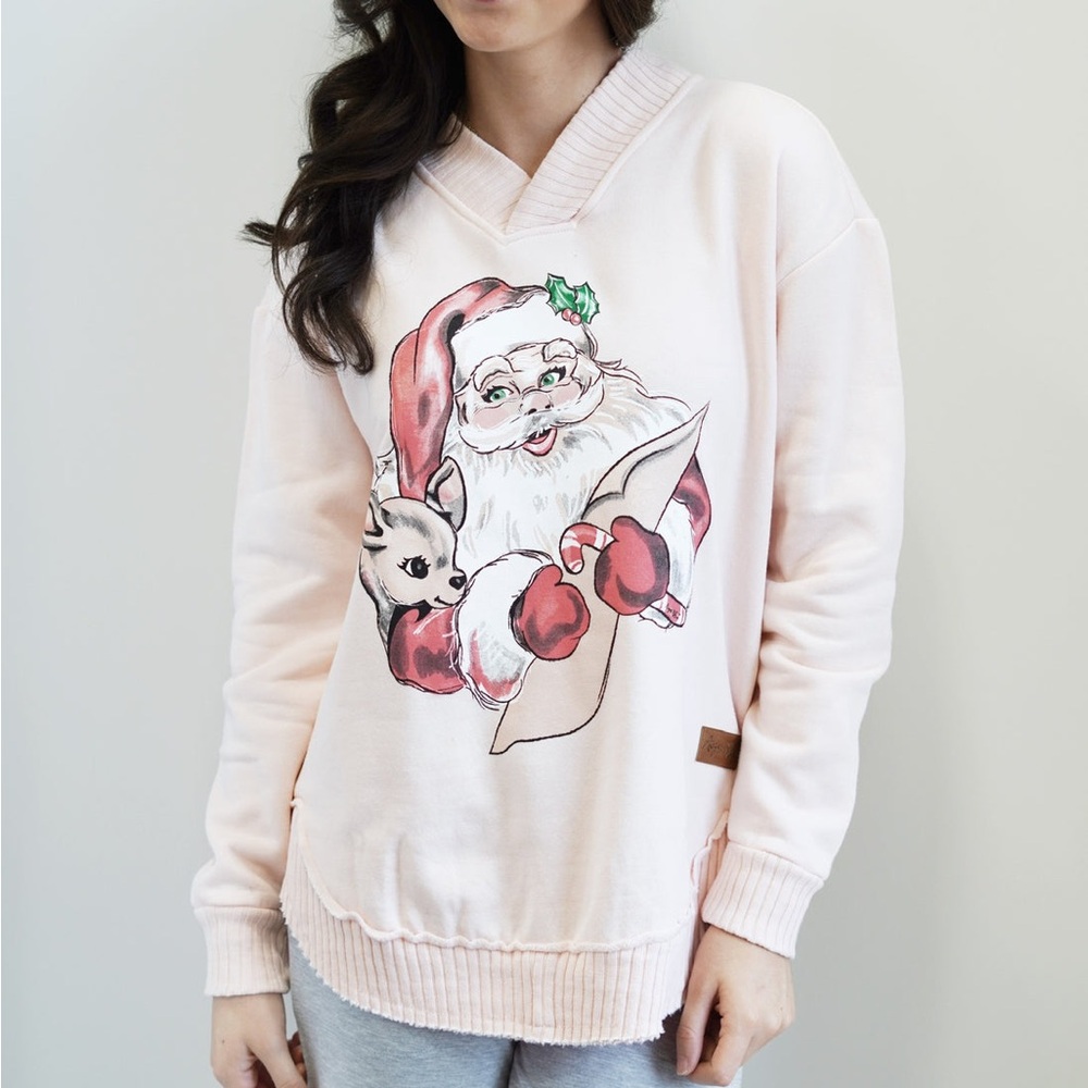 August Bleu Dear Santa Ice Pink Pullover Double Knit V-Neck Mid-Thigh Length XL